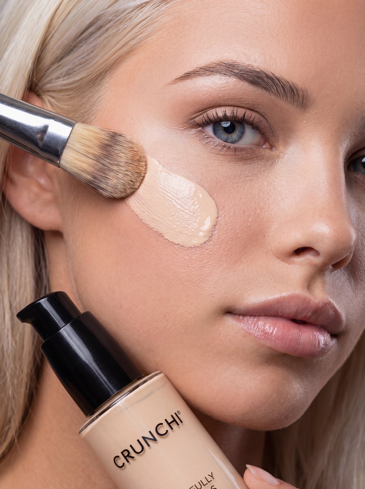 Beauty campaign imagery — foundation product, AI model