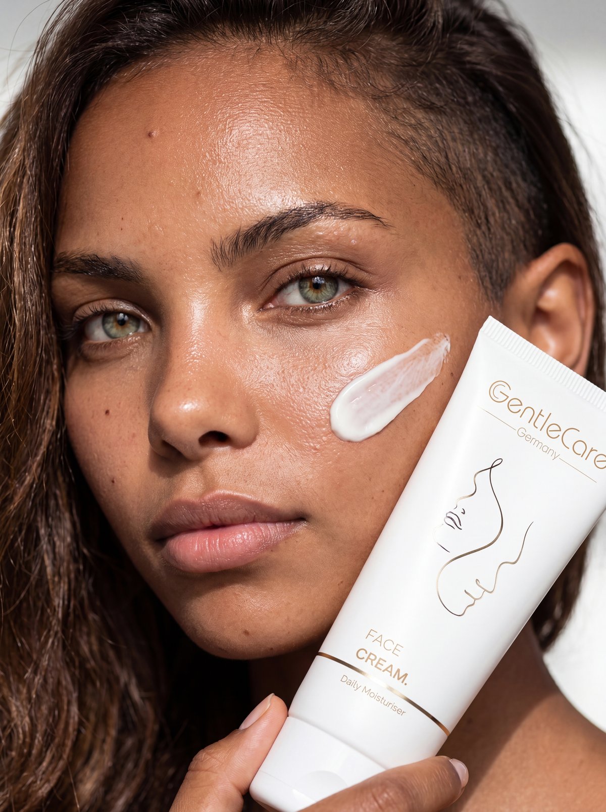 Skincare campaign imagery — face cream product, AI model